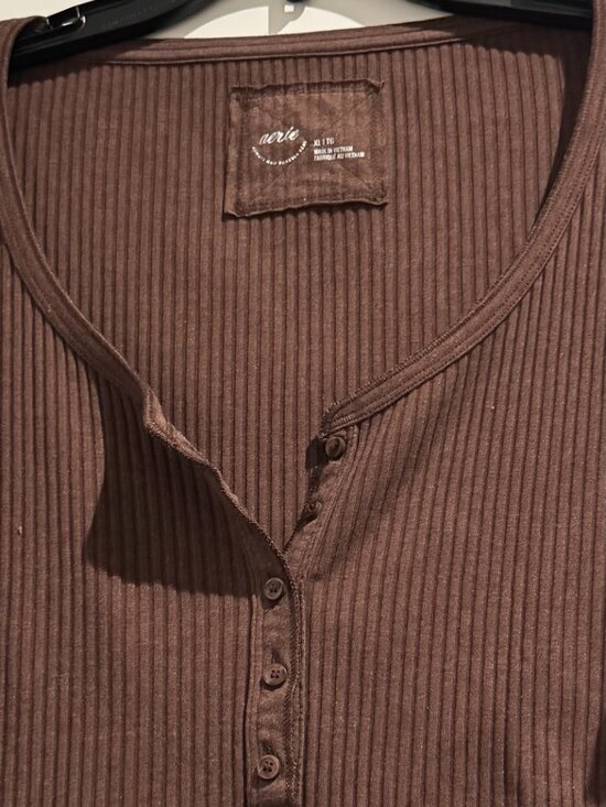 Aerie Women’s Ribbed Henley Layering T-Shirt Canyon Sun Brown Extra Large XL - Picture 7 of 16